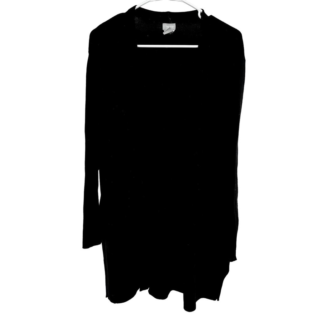 Chico's Open Cardigan Sweater Mid Length Ribbed Knit Cozy Winter Black 2 Large